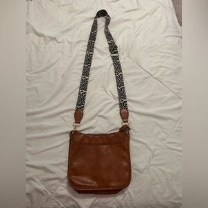 PU Leather Crossbody Bag with Leopard Print Strap - Brown